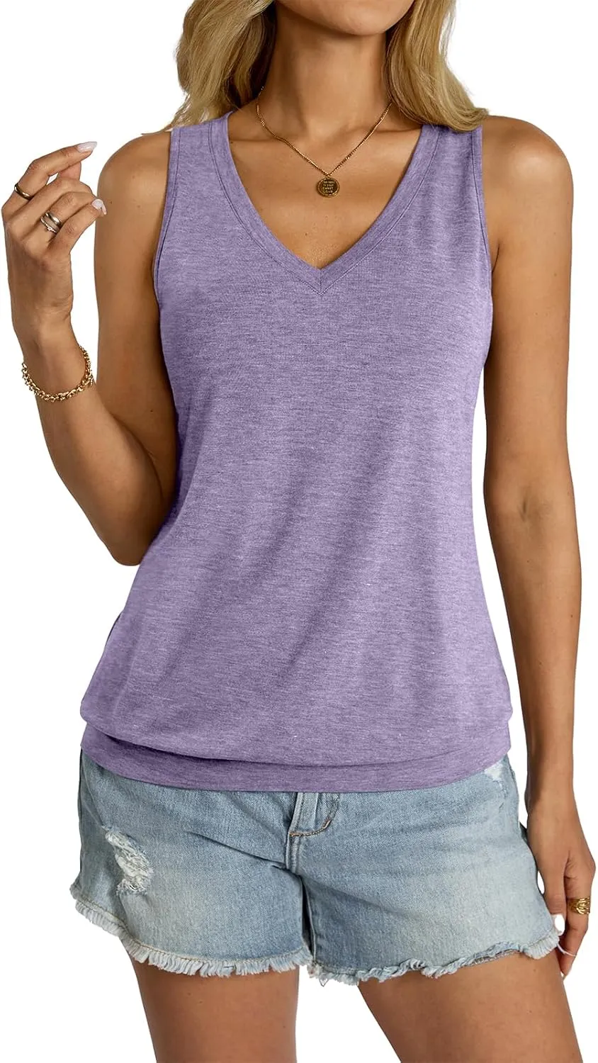Womens V Neck Tank Tops Sleeveless Banded Hem Shirts Loose Fit Summer Outfits Clothes 2025