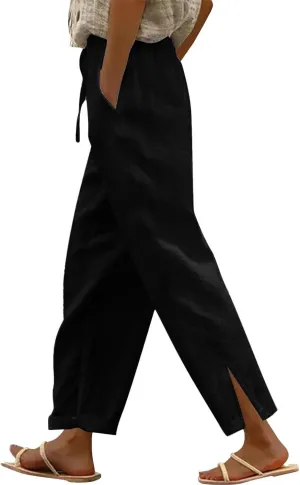 Womens Wide Leg Cotton Linen Pants Side Slit Hem Ankle Length Slacks Casual Elastic Waist Trousers with Pockets