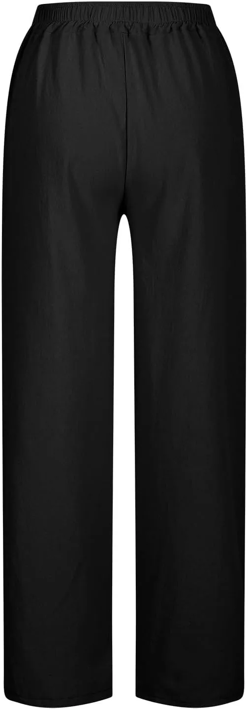 Womens Wide Leg Cotton Linen Pants Side Slit Hem Ankle Length Slacks Casual Elastic Waist Trousers with Pockets