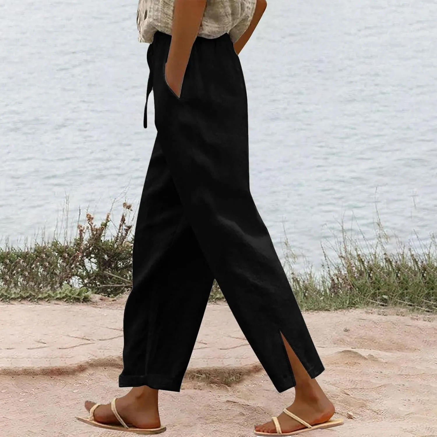 Womens Wide Leg Cotton Linen Pants Side Slit Hem Ankle Length Slacks Casual Elastic Waist Trousers with Pockets