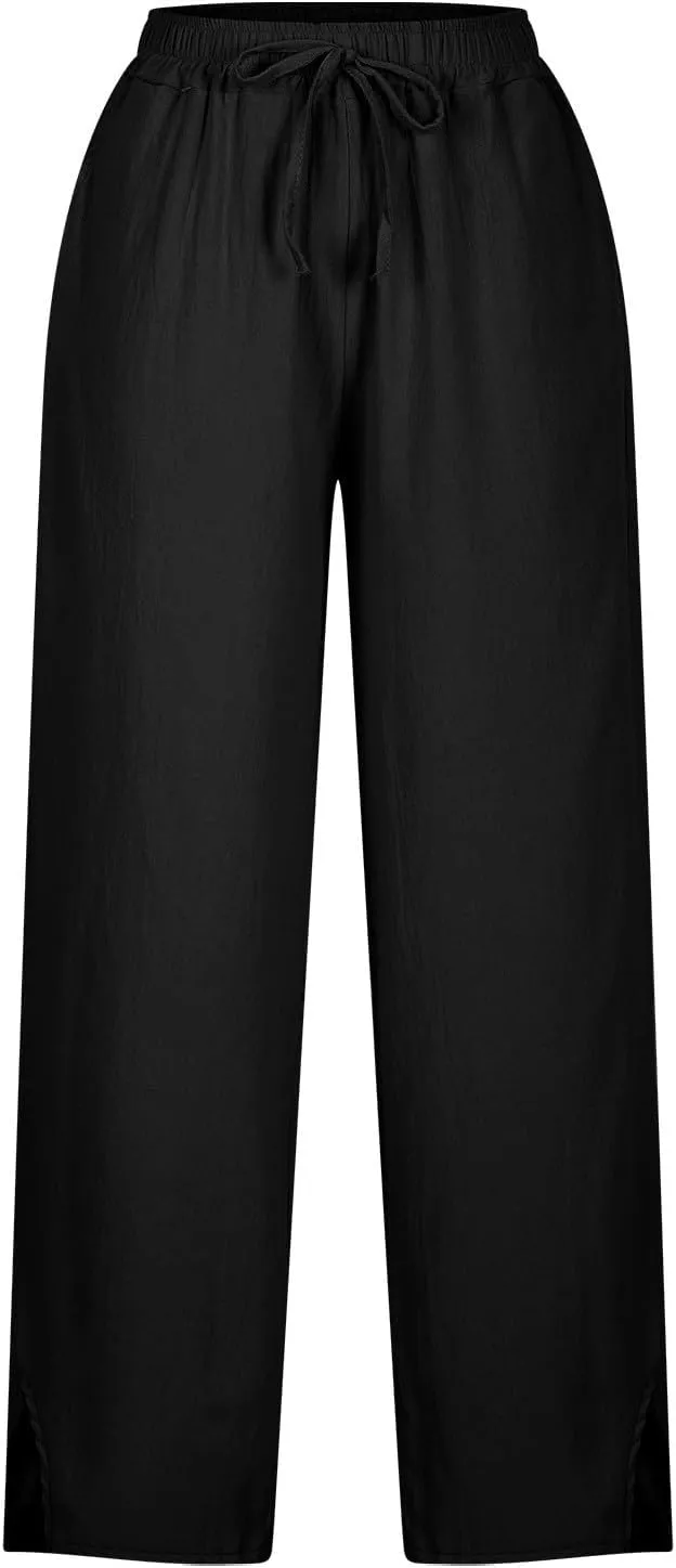 Womens Wide Leg Cotton Linen Pants Side Slit Hem Ankle Length Slacks Casual Elastic Waist Trousers with Pockets