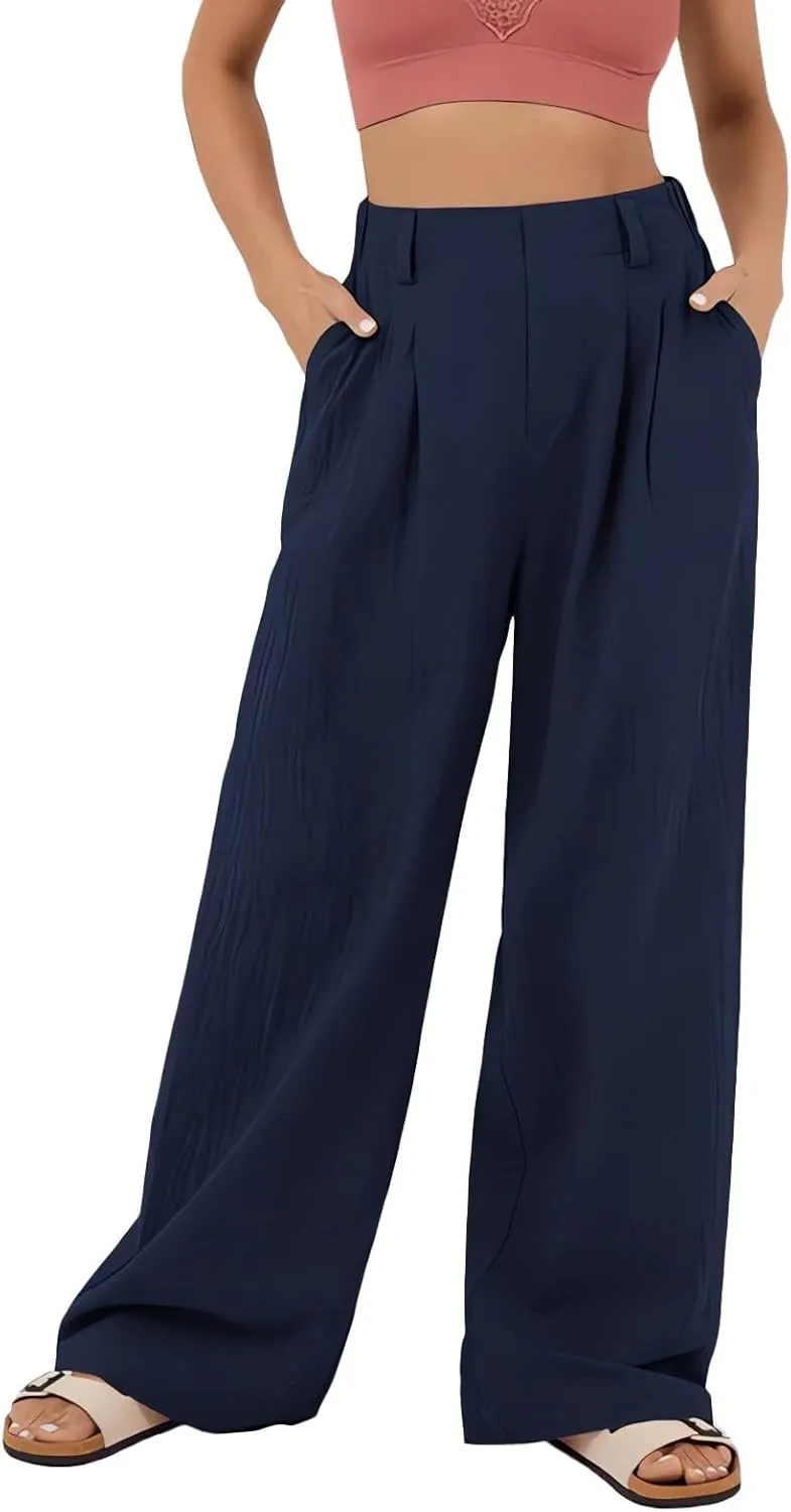 Women's Wide Leg Pants High Rise Lounge Pants Elastic Waist Solid Color Loose Trousers with Pockets