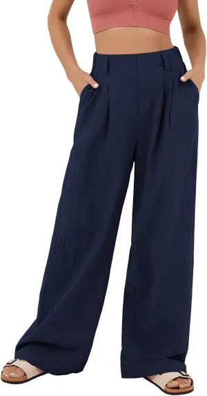 Women's Wide Leg Pants High Rise Lounge Pants Elastic Waist Solid Color Loose Trousers with Pockets