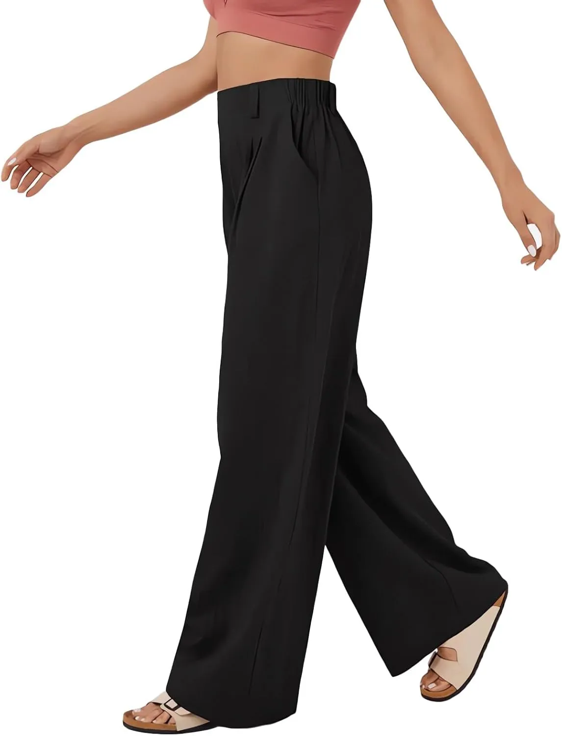 Women's Wide Leg Pants High Rise Lounge Pants Elastic Waist Solid Color Loose Trousers with Pockets