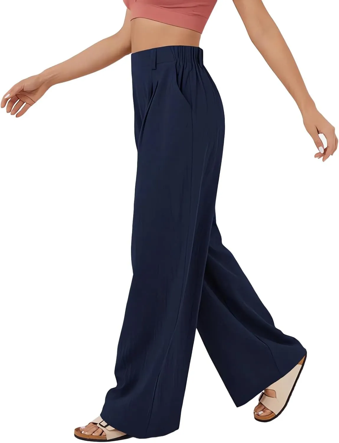 Women's Wide Leg Pants High Rise Lounge Pants Elastic Waist Solid Color Loose Trousers with Pockets