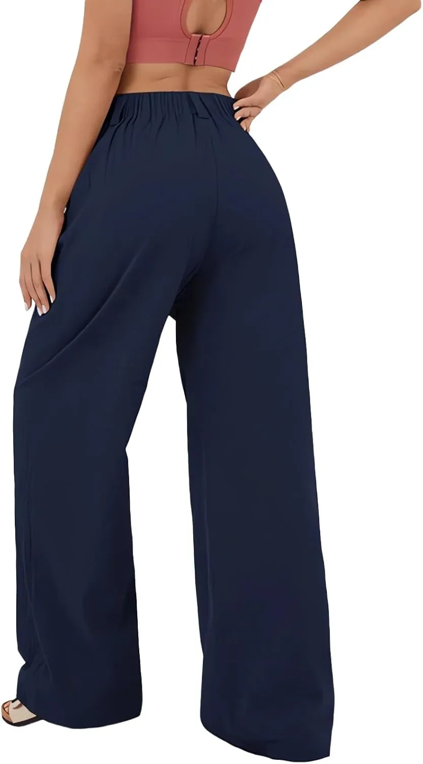 Women's Wide Leg Pants High Rise Lounge Pants Elastic Waist Solid Color Loose Trousers with Pockets