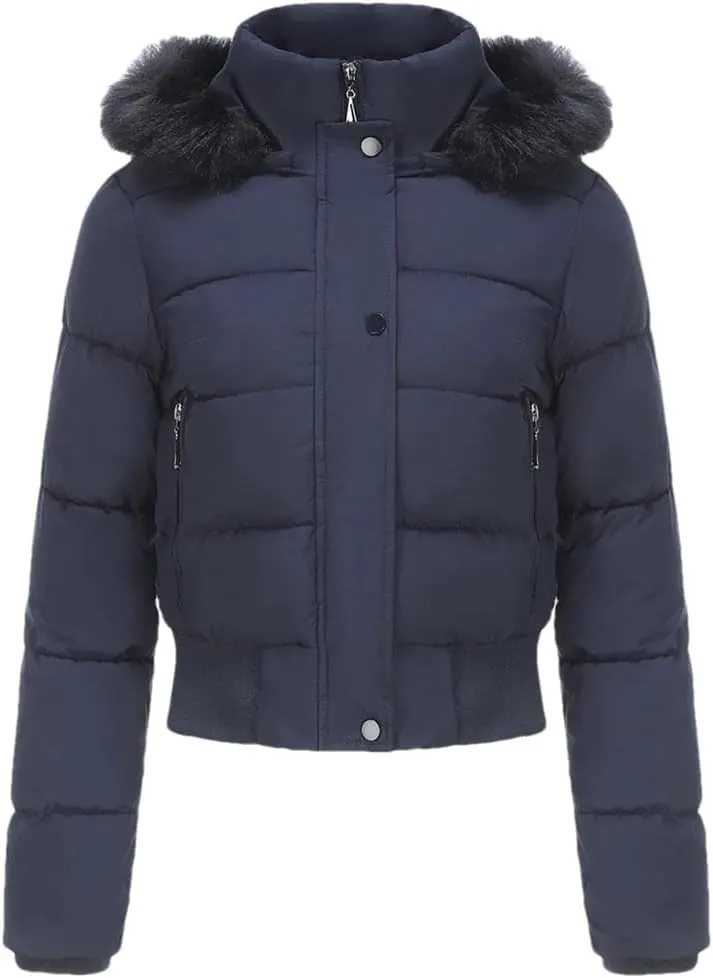 Women's Winter Short Cotton-Padded Jacket Fleece Liner Hooded Coats Thicken Fur Collar Warm Student Overcoat