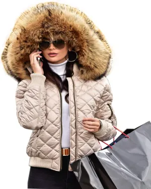 Women's Winter Thicken Coat Lightweight Short Down Jacket Quilted Parka with Fur Hood