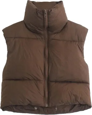 Women's Zip Up Cropped Quilted Puffer Vest Sleeveless Stand Collar Waistcoat Gilet Lightweight Winter Down Jacket