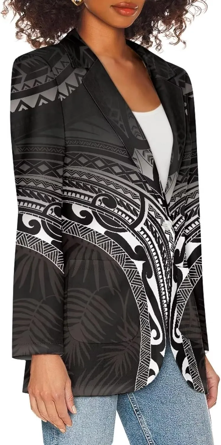 Worsted Knit Fabric Blazer Jackets Samoa Tropical Tribe Totem Design Custom Women Blazer Long Sleeve with Pockets