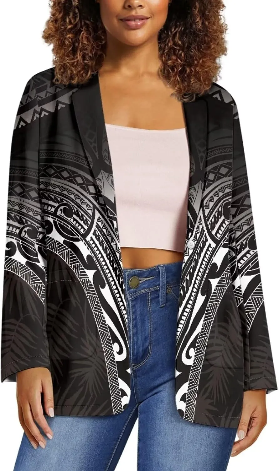Worsted Knit Fabric Blazer Jackets Samoa Tropical Tribe Totem Design Custom Women Blazer Long Sleeve with Pockets