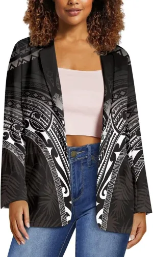 Worsted Knit Fabric Blazer Jackets Samoa Tropical Tribe Totem Design Custom Women Blazer Long Sleeve with Pockets