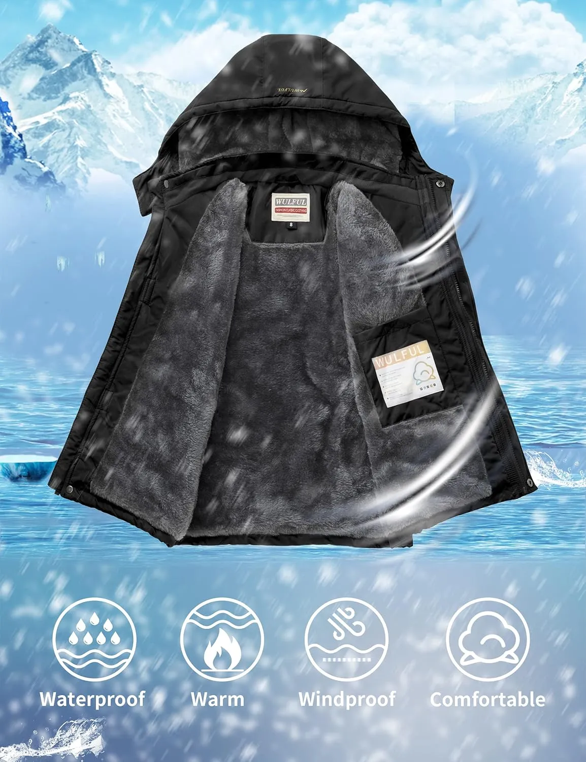 WULFUL Boy's Waterproof Ski Jacket Warm Fleece Hooded Winter Snow Coat