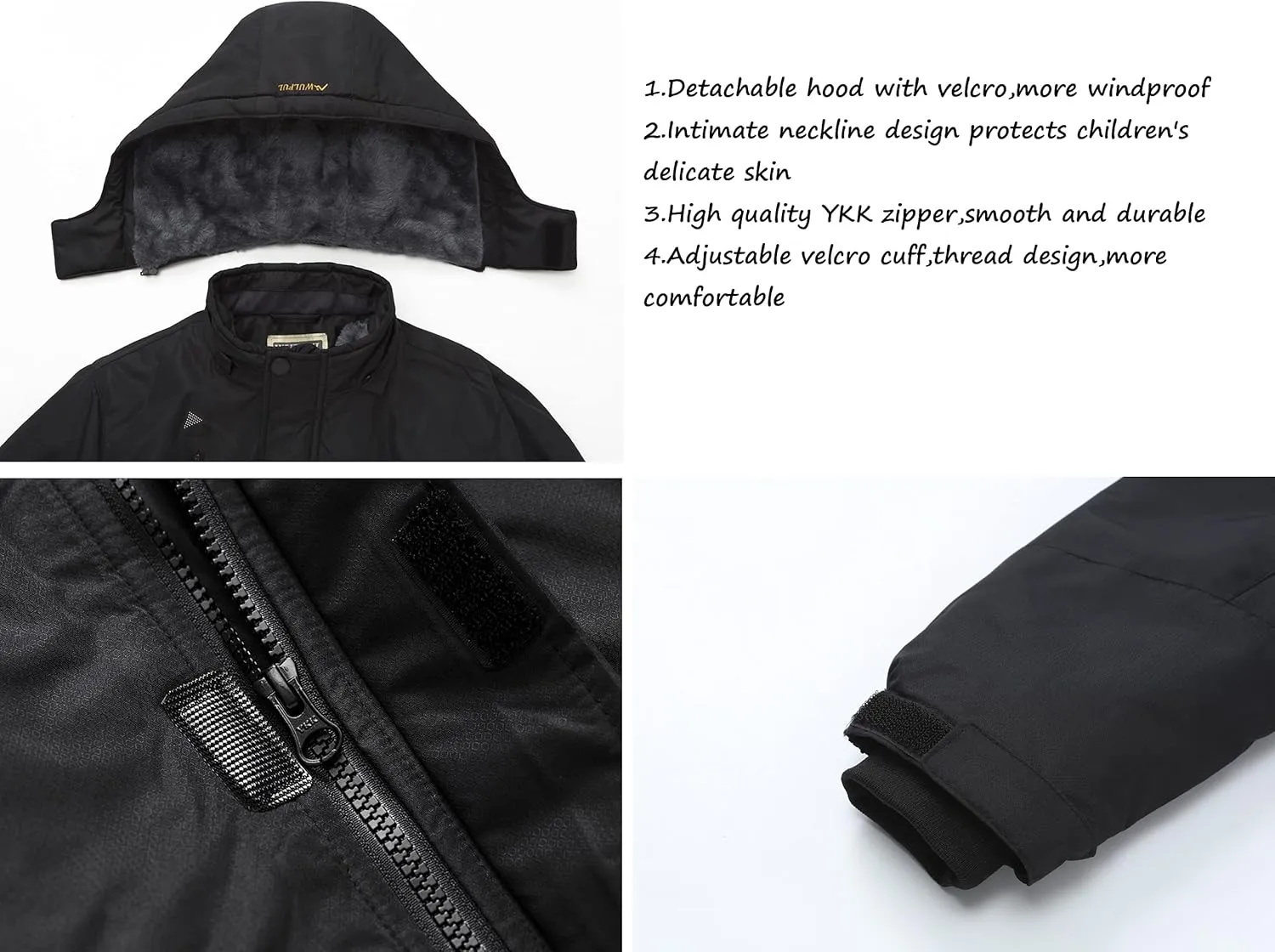 WULFUL Boy's Waterproof Ski Jacket Warm Fleece Hooded Winter Snow Coat
