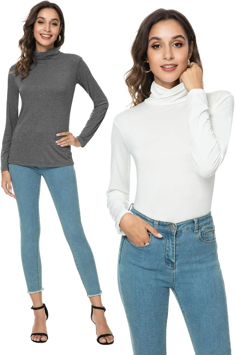 Xelky Womens Long Sleeve Turtleneck Shirt Lightweight Slim Turtle Neck Active Tops Basic Pullover Undershirt 2 Pack