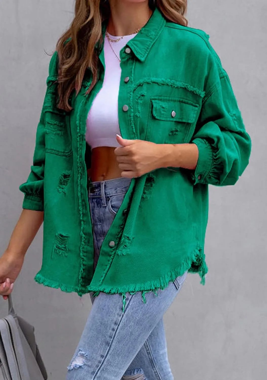 YMING Women's Oversized Denim Jacket Boyfriend Distressed Jean Jacket Autumn Casual Ripped Coats
