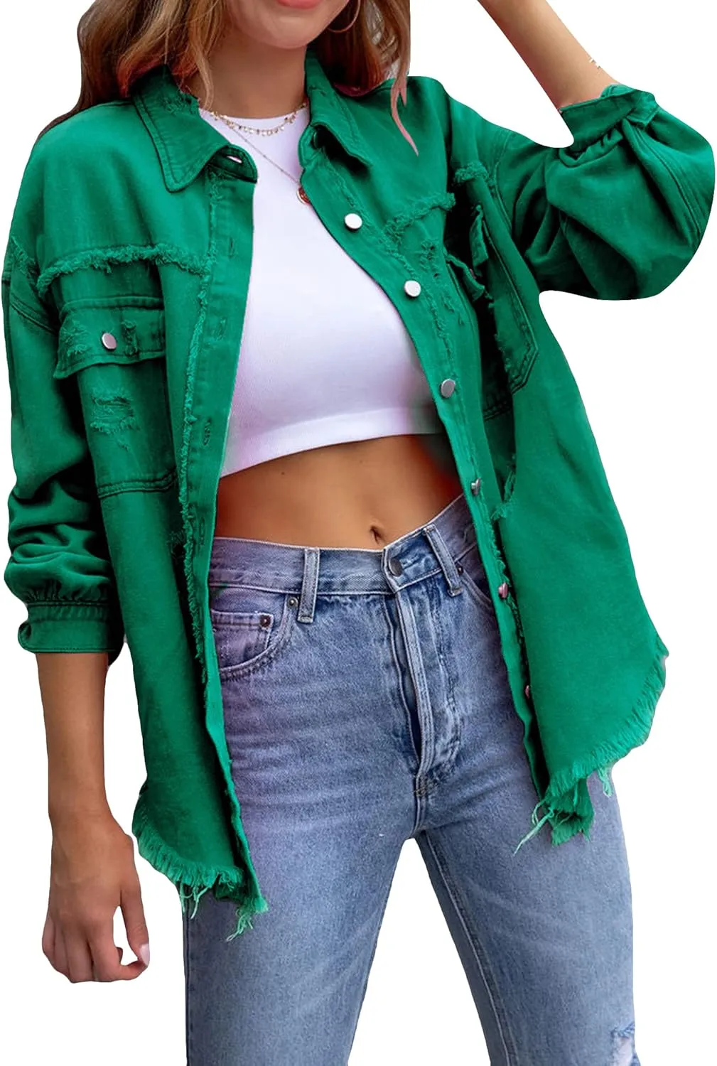 YMING Women's Oversized Denim Jacket Boyfriend Distressed Jean Jacket Autumn Casual Ripped Coats