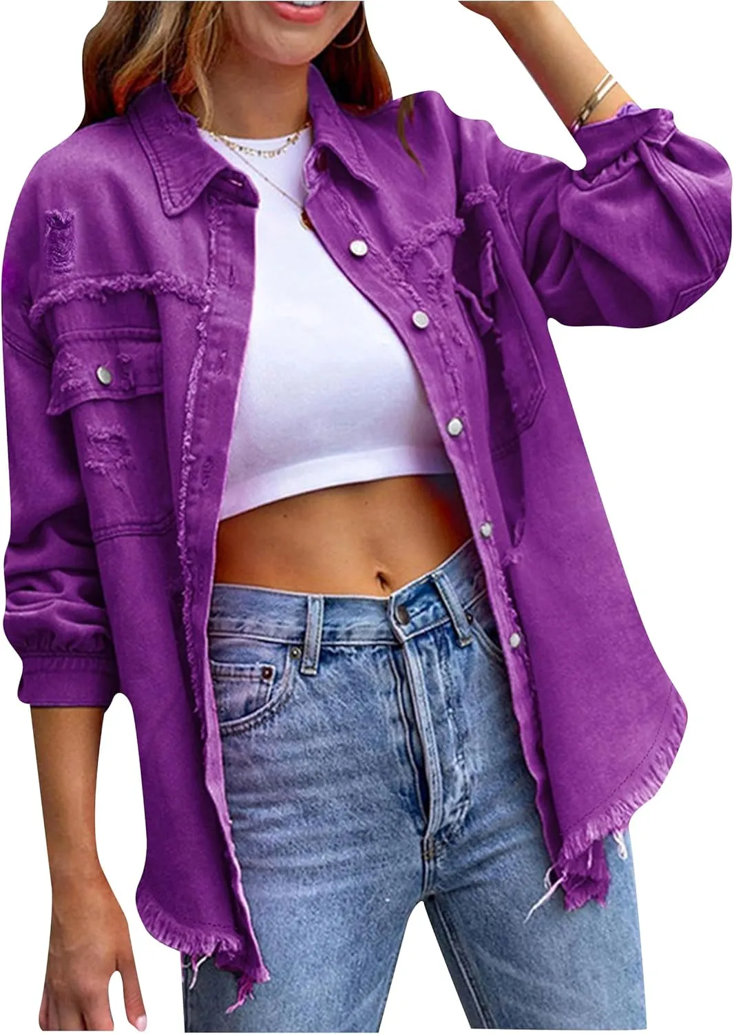 YMING Women's Oversized Denim Jacket Boyfriend Distressed Jean Jacket Autumn Casual Ripped Coats