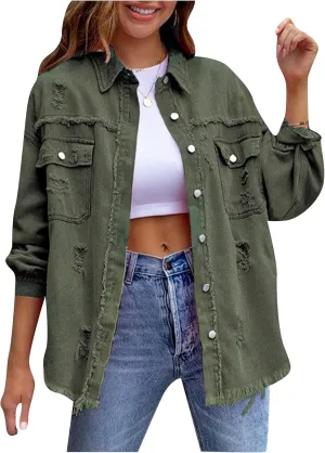YMING Women's Oversized Denim Jacket Boyfriend Distressed Jean Jacket Autumn Casual Ripped Coats