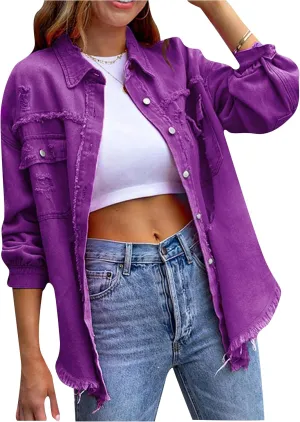 YMING Women's Oversized Denim Jacket Boyfriend Distressed Jean Jacket Autumn Casual Ripped Coats