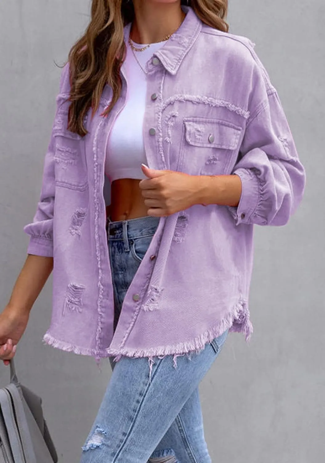 YMING Women's Oversized Denim Jacket Boyfriend Distressed Jean Jacket Autumn Casual Ripped Coats