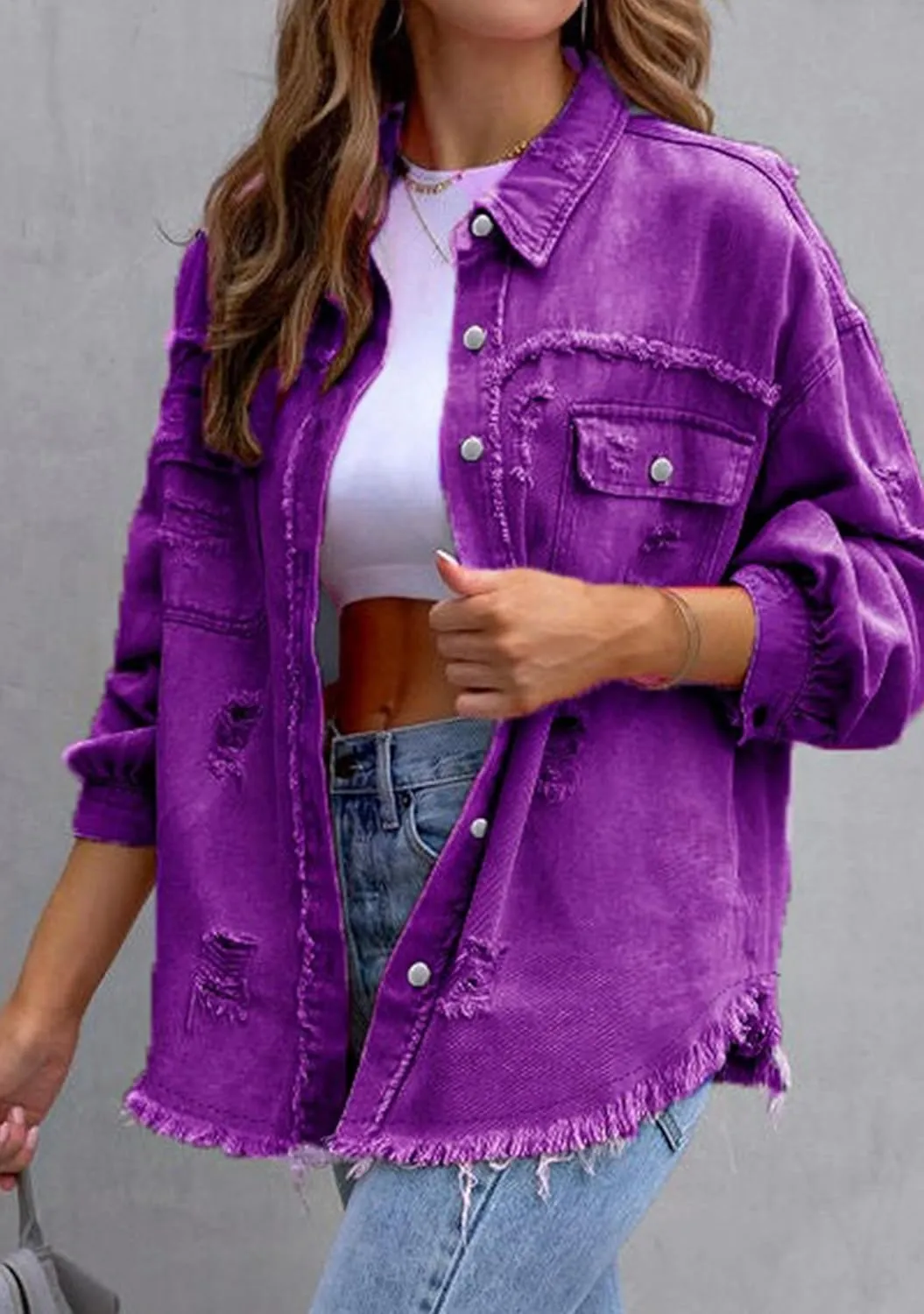 YMING Women's Oversized Denim Jacket Boyfriend Distressed Jean Jacket Autumn Casual Ripped Coats