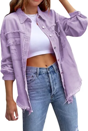YMING Women's Oversized Denim Jacket Boyfriend Distressed Jean Jacket Autumn Casual Ripped Coats
