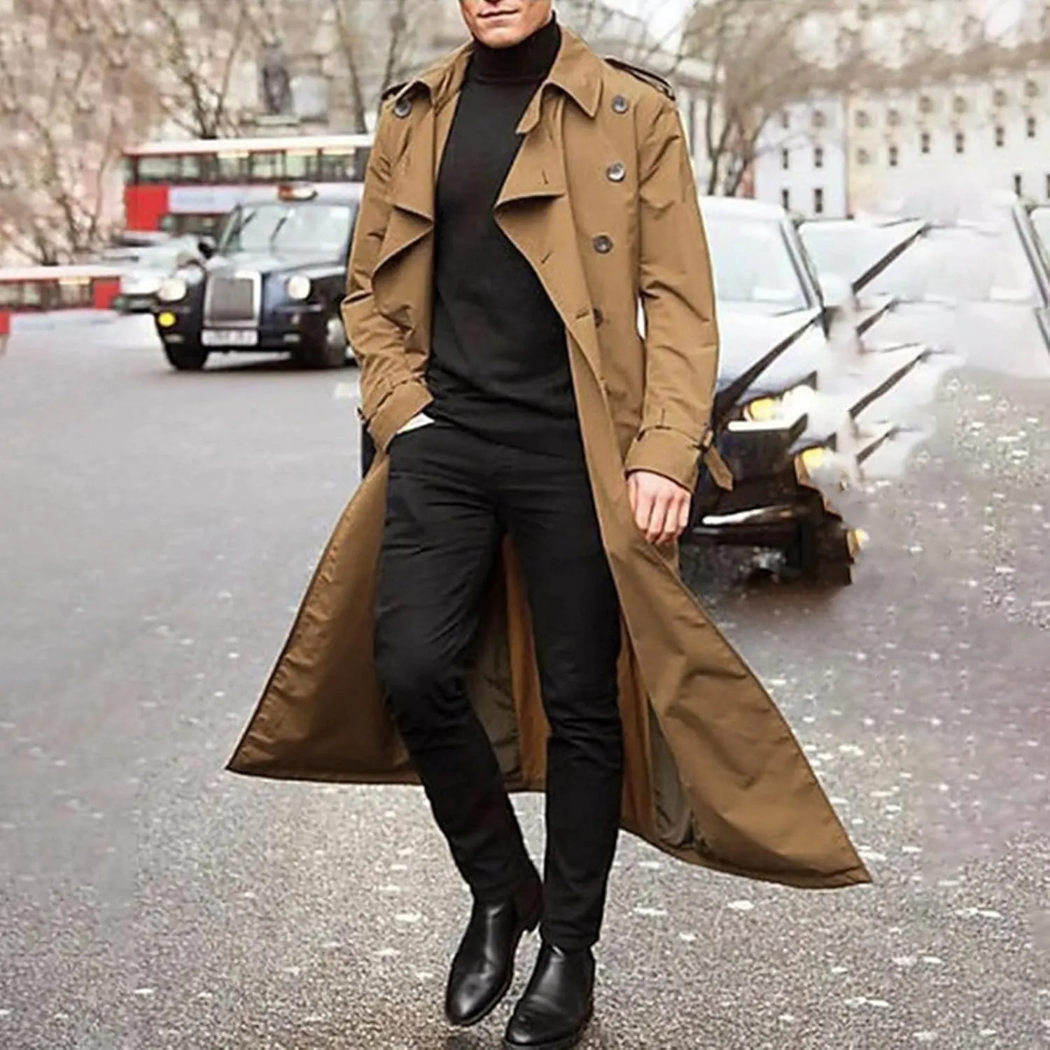 Ymosrh Men's Winter Long-Sleeve Luxury Full-Length Trench Coat