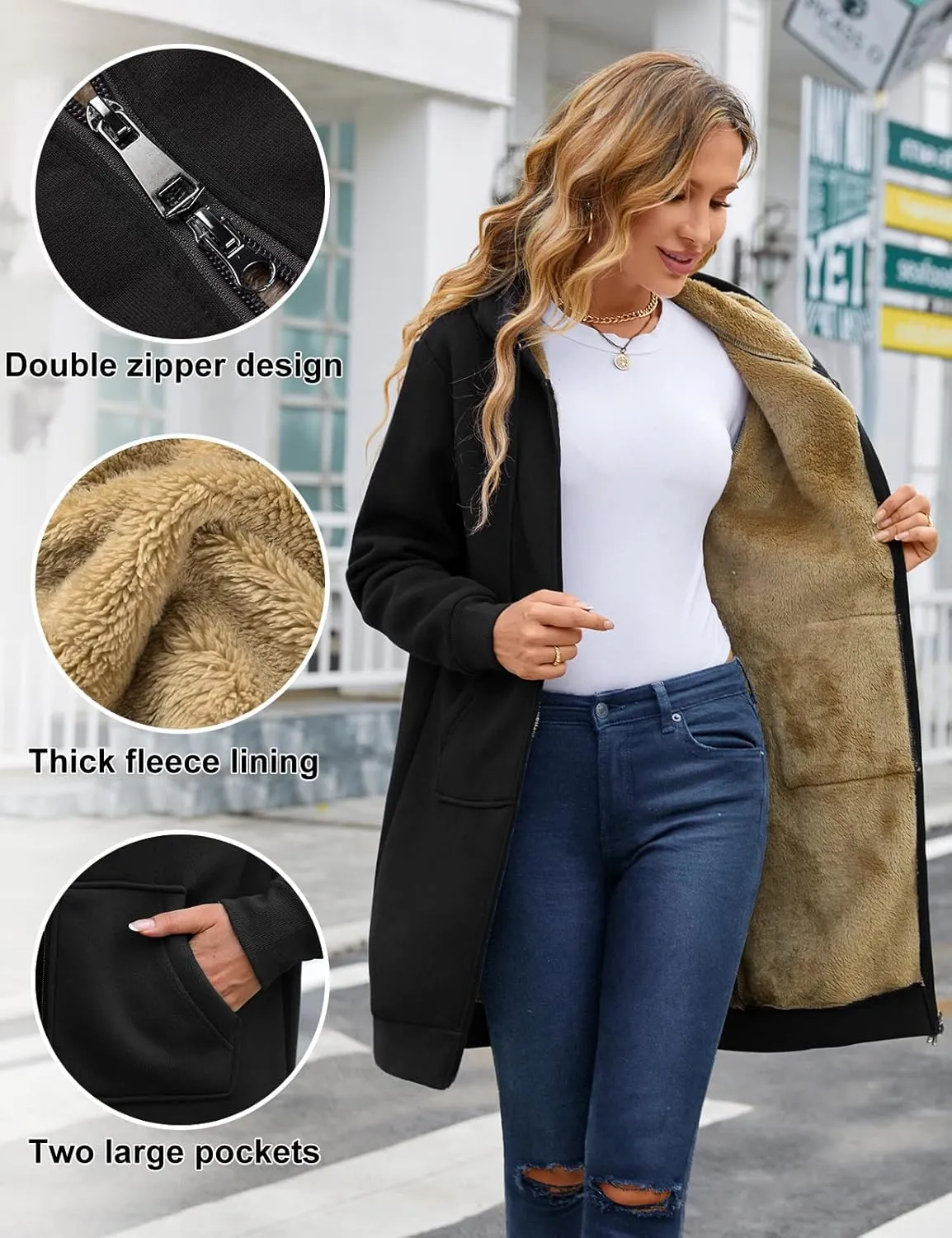 Yusongirl Zip Up Hoodies for Women Fleece Jackets Long Warm Hoodie Womens Hooded Tunic Sweatshirt Winter Coats with Pockets