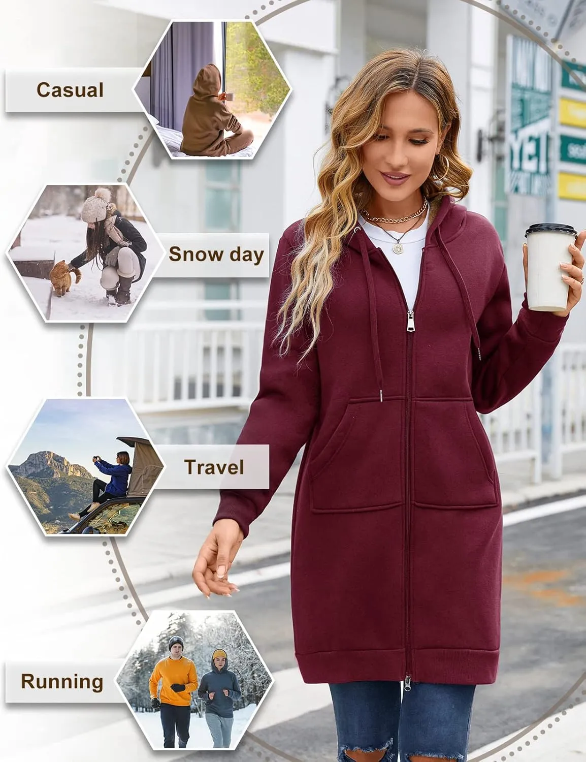 Yusongirl Zip Up Hoodies for Women Fleece Jackets Long Warm Hoodie Womens Hooded Tunic Sweatshirt Winter Coats with Pockets