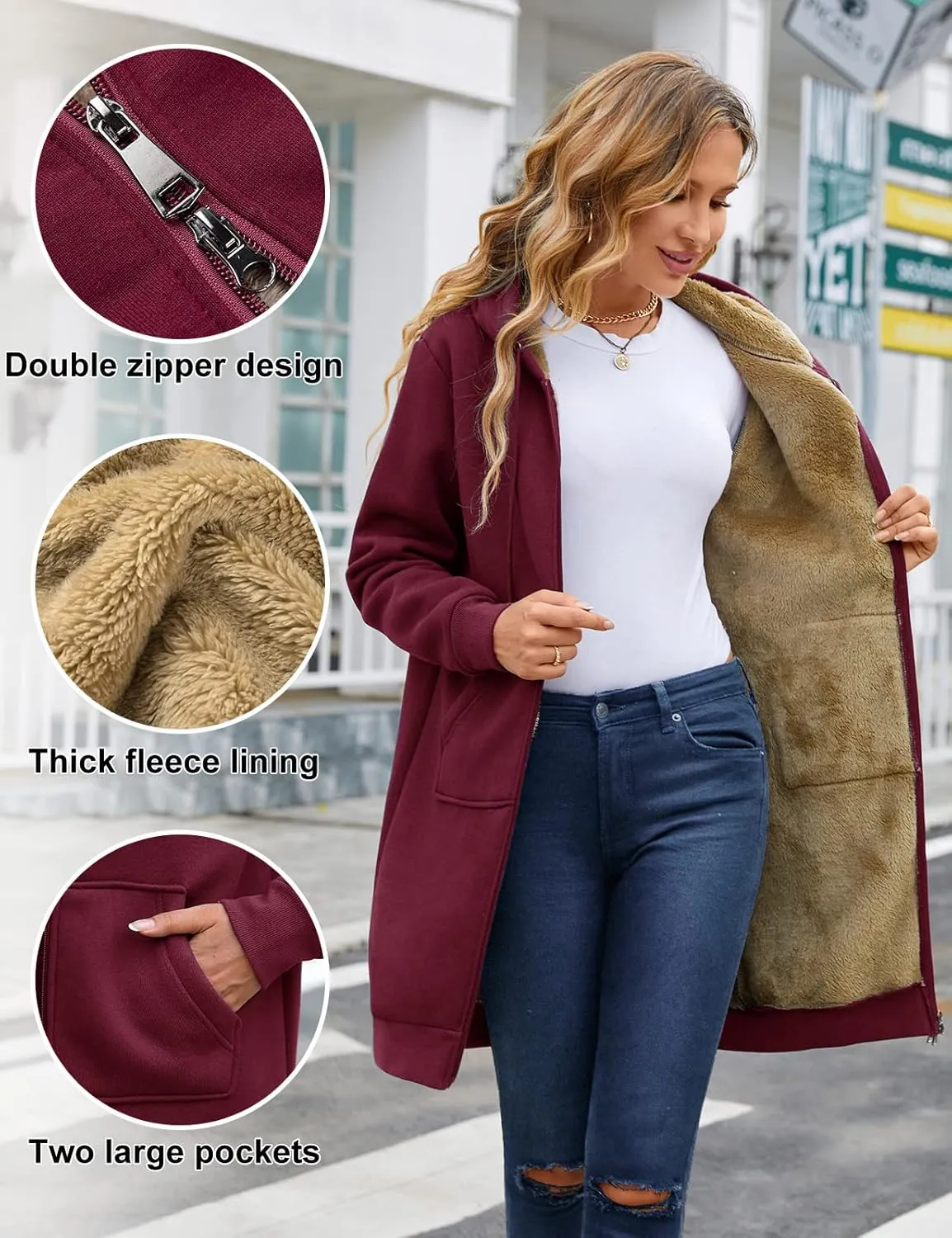Yusongirl Zip Up Hoodies for Women Fleece Jackets Long Warm Hoodie Womens Hooded Tunic Sweatshirt Winter Coats with Pockets