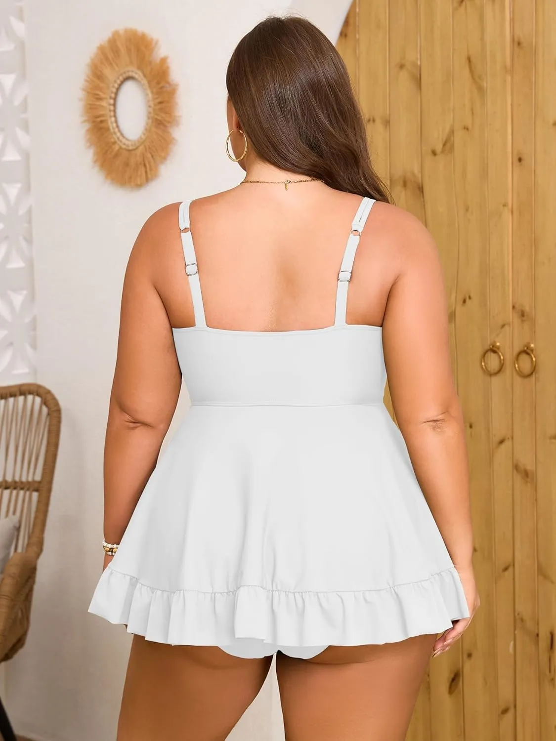 ZAFUL Plus Size Tankini Tops for Women Double Shoulder Strap Swimsuit Tops V Neck Skrited Bathing Suit Top Only