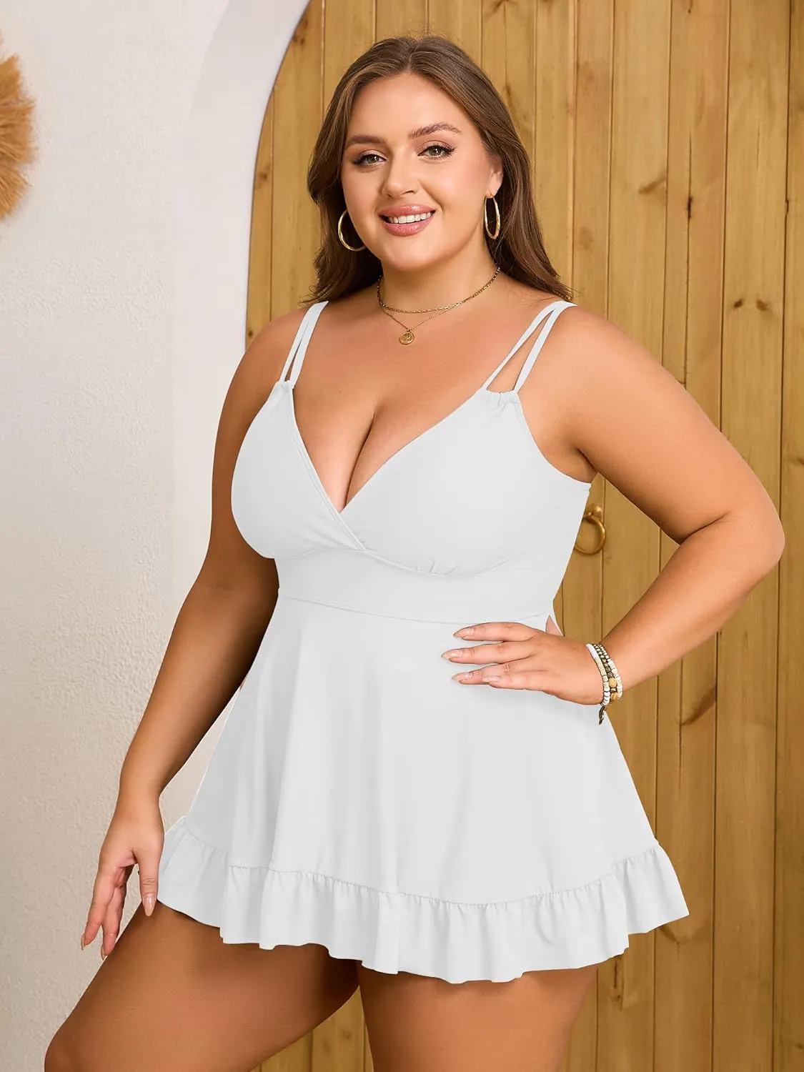 ZAFUL Plus Size Tankini Tops for Women Double Shoulder Strap Swimsuit Tops V Neck Skrited Bathing Suit Top Only