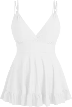 ZAFUL Plus Size Tankini Tops for Women Double Shoulder Strap Swimsuit Tops V Neck Skrited Bathing Suit Top Only