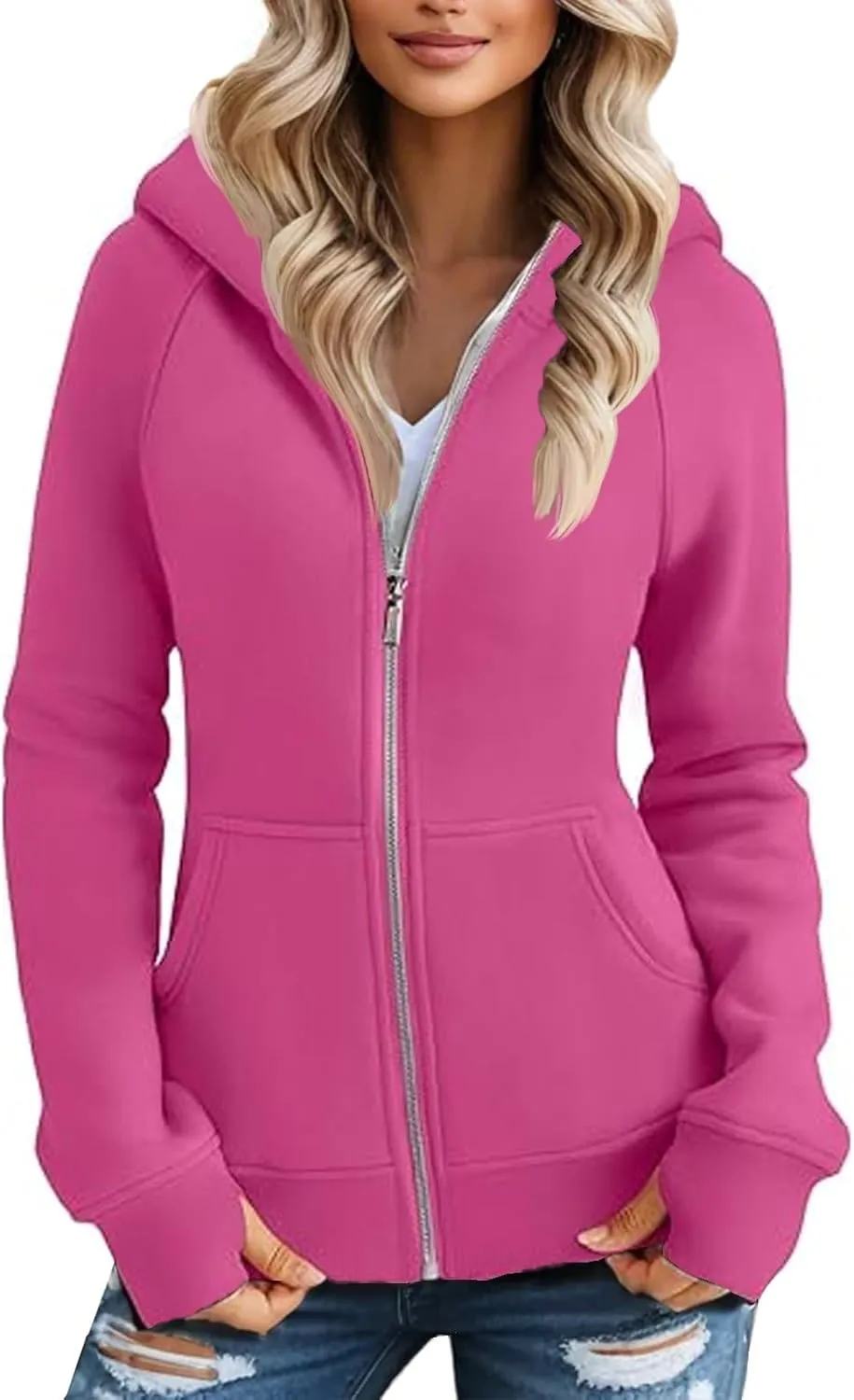 Zip Up Hoodie Women Comfy Warm Fleece Jacket Oversized Sweatshirt Thumb Hole Workout Winter Jackets Coat with Pocket