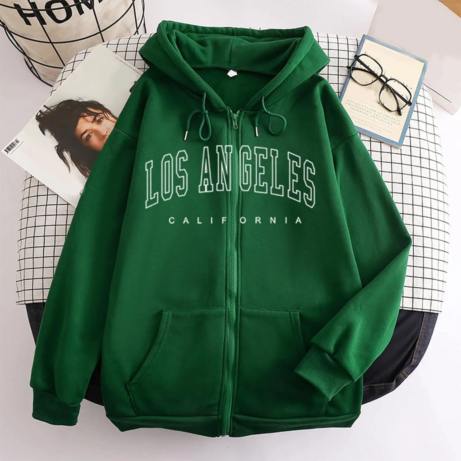 Zip Up Hoodies Women Vintage Oversized Jackets Los Angeles Printed Swaetshirts with Pockets Casual Style Y2K Streetwear